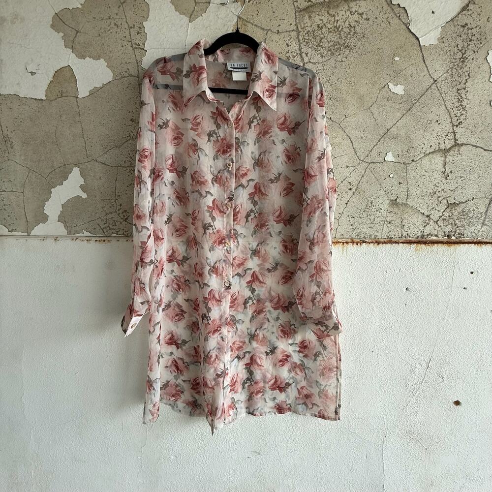 Floral Sheer‎ Button Down Blouse Romantic Watercolor Print Long Sleeve